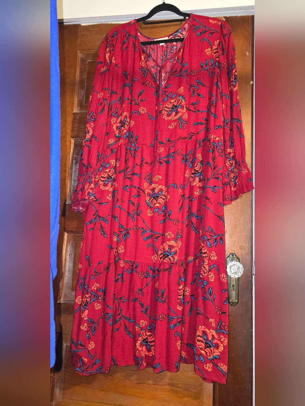 Knox Rose Red Floral Long Sleeve Tiered Midi Dress Boho